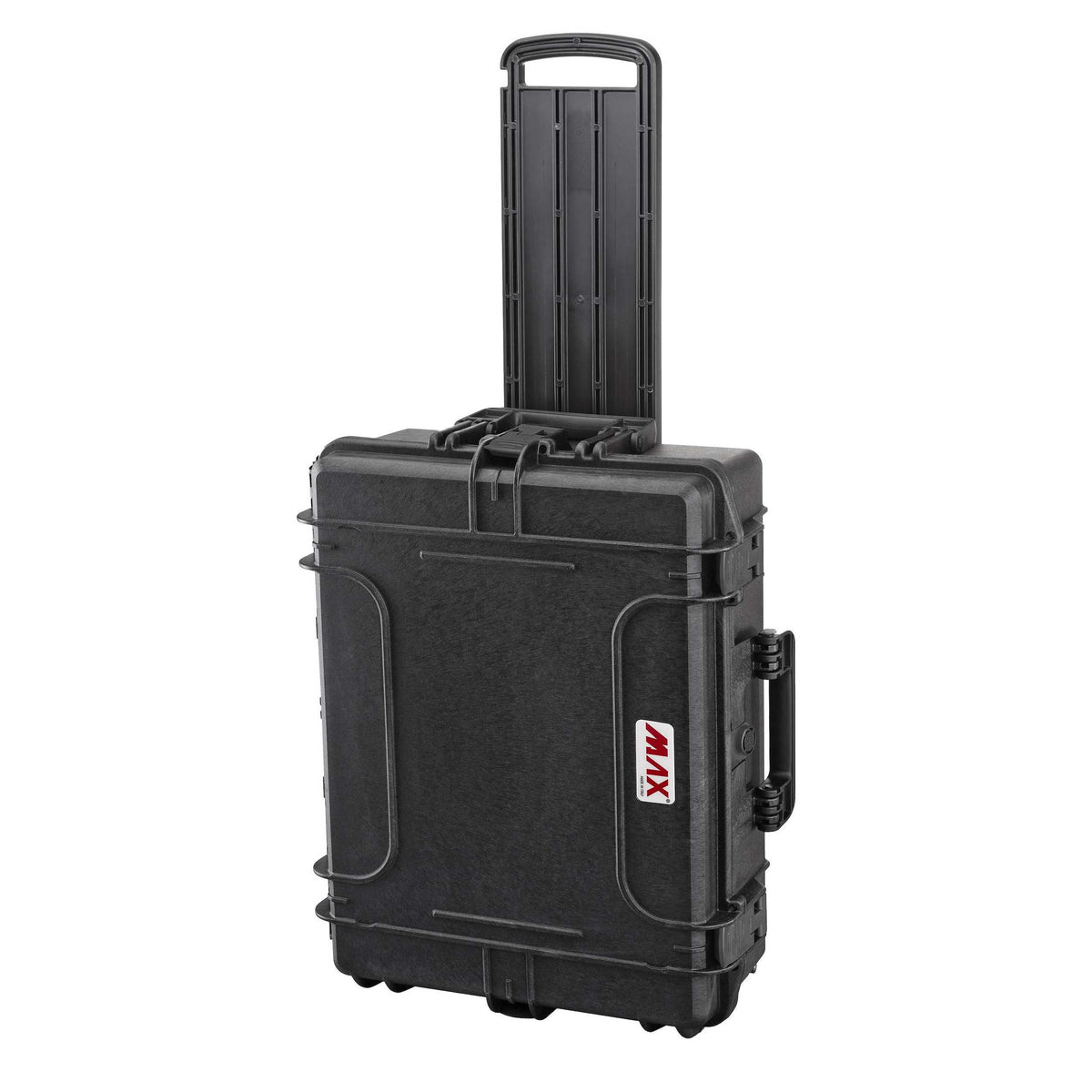Panaro MAX540H190TR upright on its wheels with the extendable handle pulled up, black MAX540H190 shell with red MAX logo