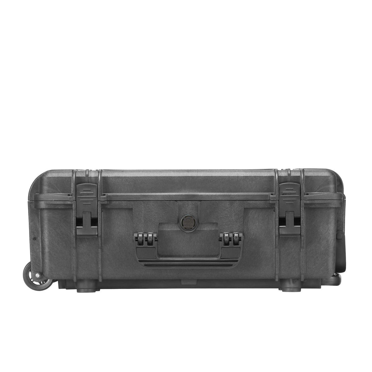 Panaro MAX540H190TR lying flat, latch side view with carry handle, two latches, pressure valve and a wheel at the trolley end