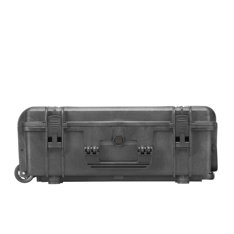 Panaro MAX540H190TR lying flat, latch side view with carry handle, two latches, pressure valve and a wheel at the trolley end