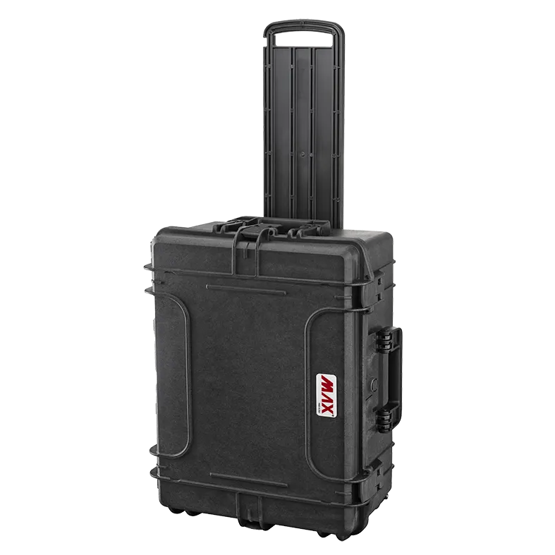 Panaro MAX540H245TR waterproof case in black with Trolley, closed front view showing latches and moulded shell