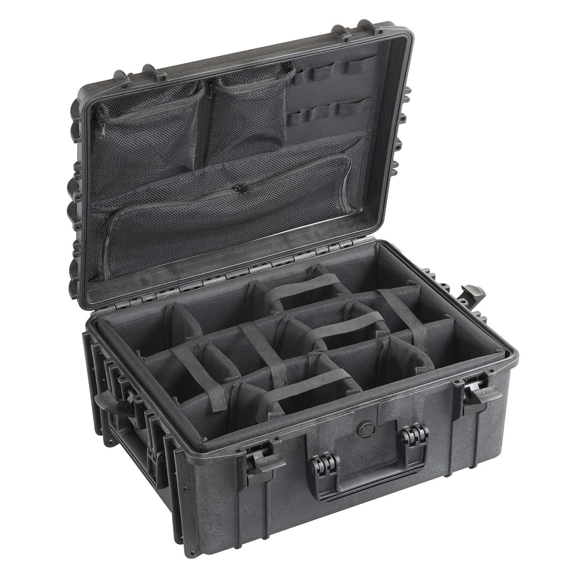Panaro MAX540H245CAMORG open: grey padded dividers form bays in the deep MAX540H245 base and a mesh organiser with zip pockets fills the lid