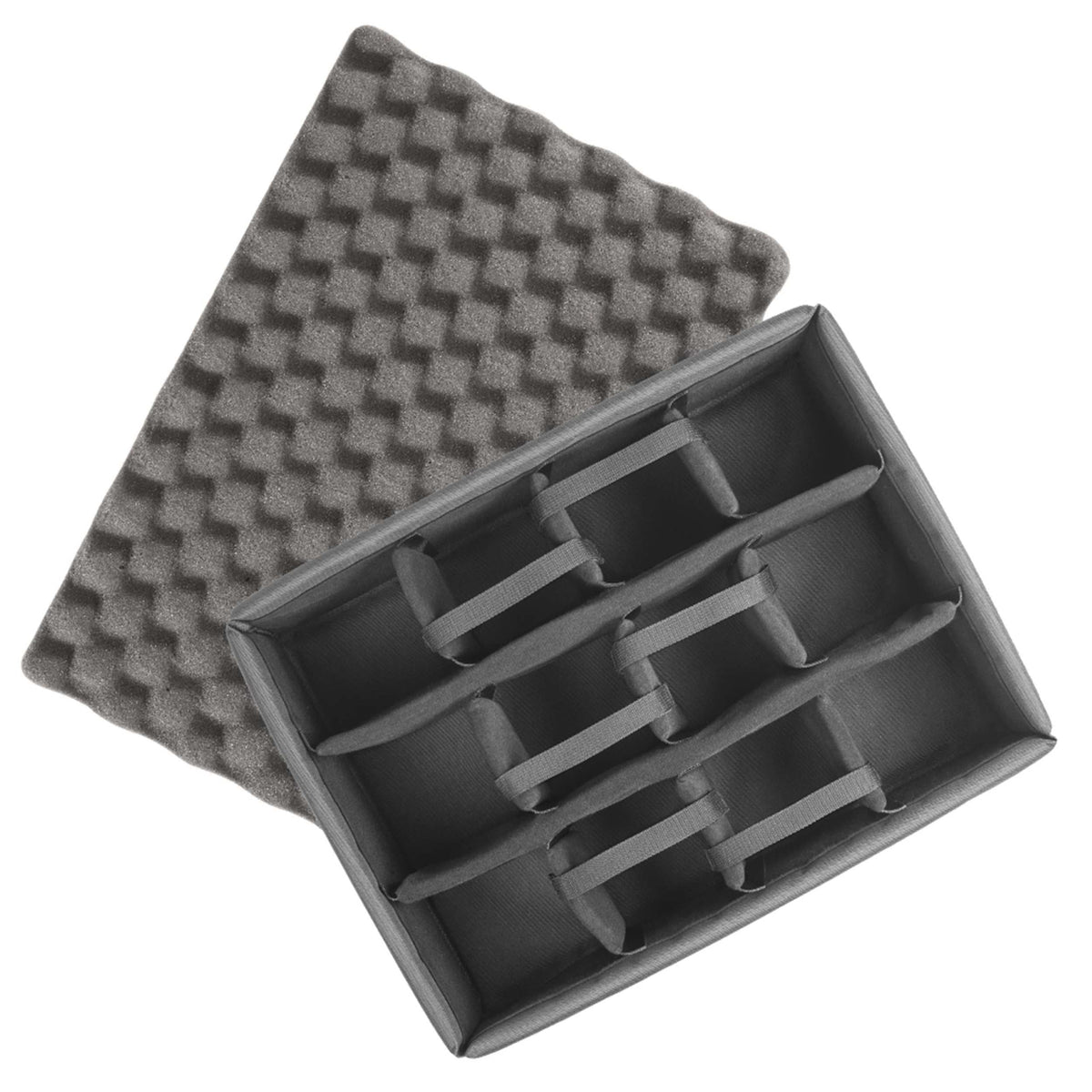 MAX540H245 padded divider insert in grey beside its convoluted egg-crate lid foam pad, dividers forming small compartments