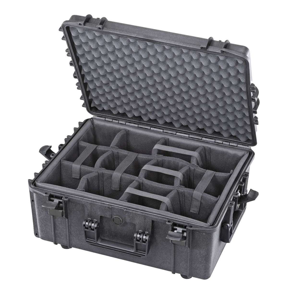 Panaro MAX540H245CAM open: grey padded dividers form bays in the deep MAX540H245 base and convoluted foam lines the lid
