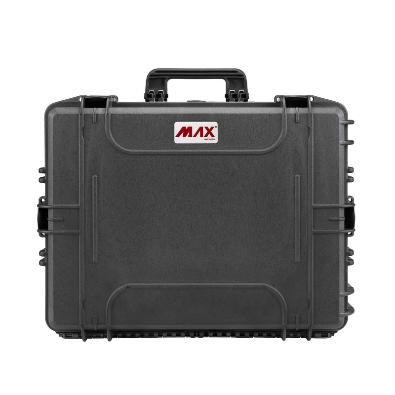 Panaro MAX540H245CAM straight-on lid view of the black MAX540 shell with red MAX logo, top handle and side handles folded flat