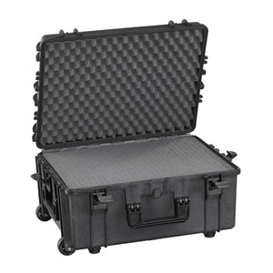 MAX540H245STR open with grey cubed pick and pluck foam filling the base and egg-crate convoluted foam lining the lid, wheels at the back