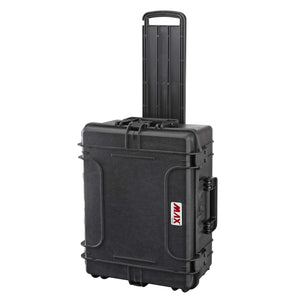 Panaro MAX540H245TR stood upright on its wheels with the telescopic trolley handle pulled out and the MAX logo on the side
