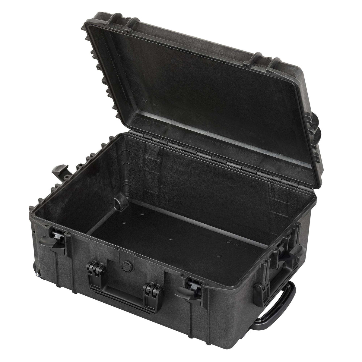 MAX540H245TR open and empty, showing the black moulded interior and lid, with a moulded handle at the wheel end of the case