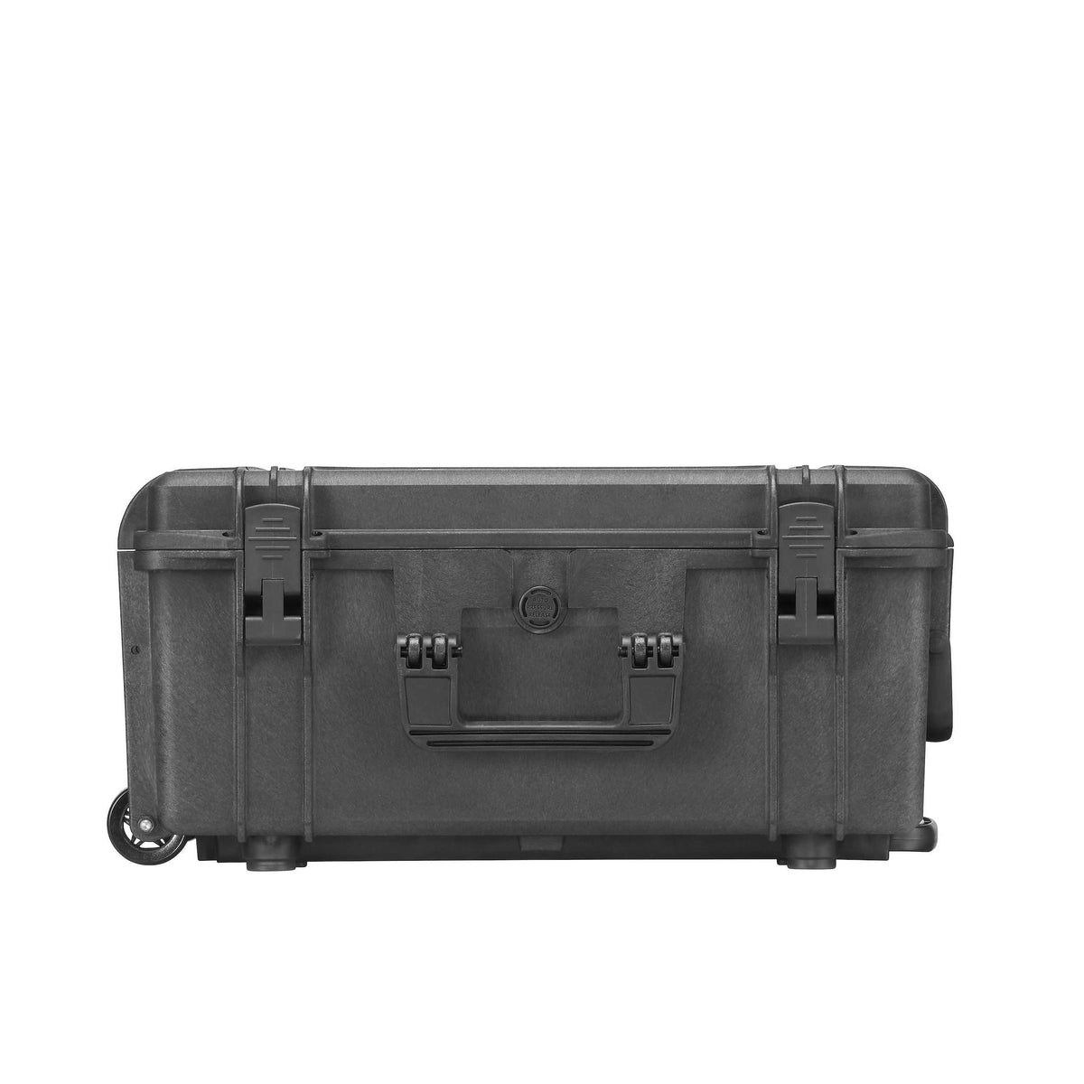 Front view of the MAX540H245TR lying flat, two latches and the carry handle, with a trolley wheel visible at the left end