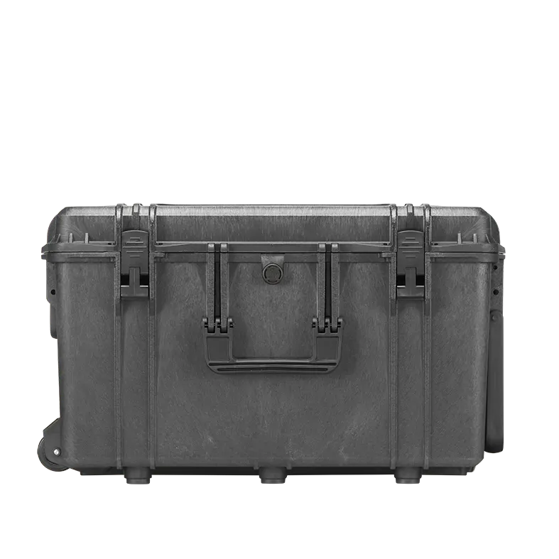 Panaro MAX615TR waterproof case in black with Trolley, closed front view showing latches and moulded shell