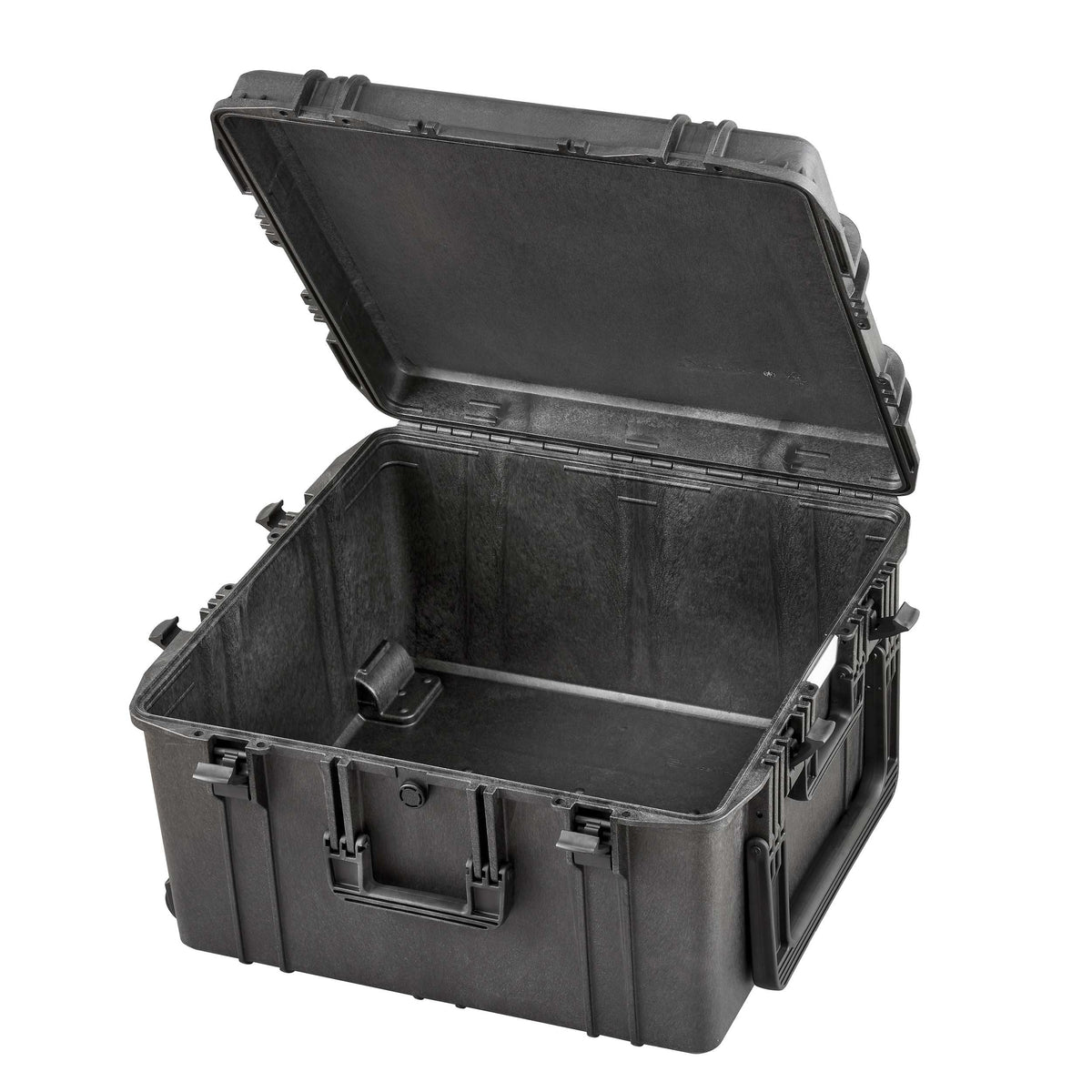 MAX615 open and empty, deep square black interior with the lid swung back on its full length hinge