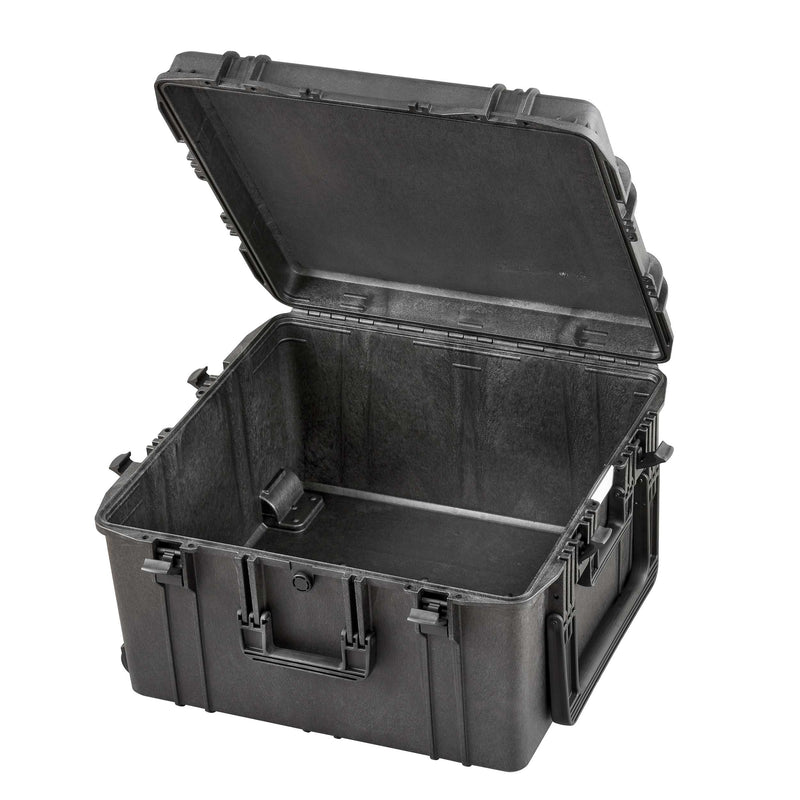 MAX615 open and empty, deep square black interior with the lid swung back on its full length hinge
