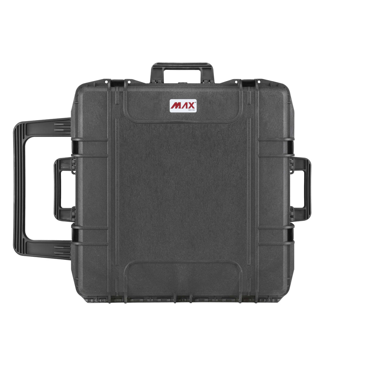 MAX615 lid view with the large fold down handle pulled out on one side and a side handle raised on the other