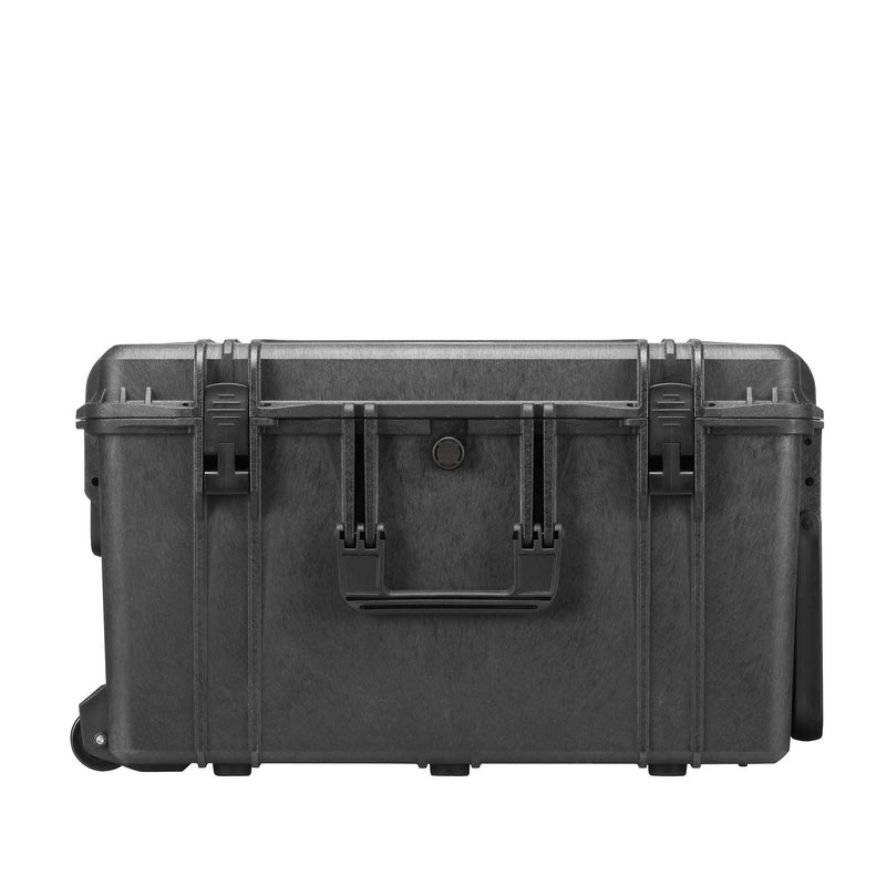 Front of the MAX615 lying flat with two double throw latches, the folding carry handle and a wheel at the left end