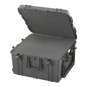 MAX615S open: grey cubed foam fills the deep square base and convoluted egg-crate foam lines the lid