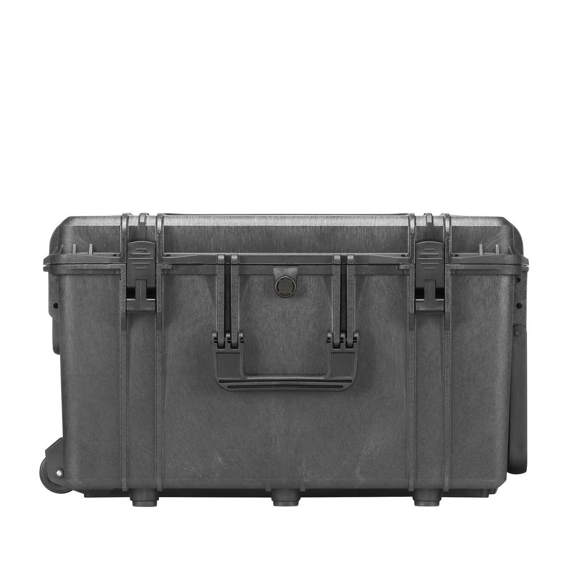 Front of the MAX615TR lying flat, latches and the folding carry handle, with a wheel visible at the left end