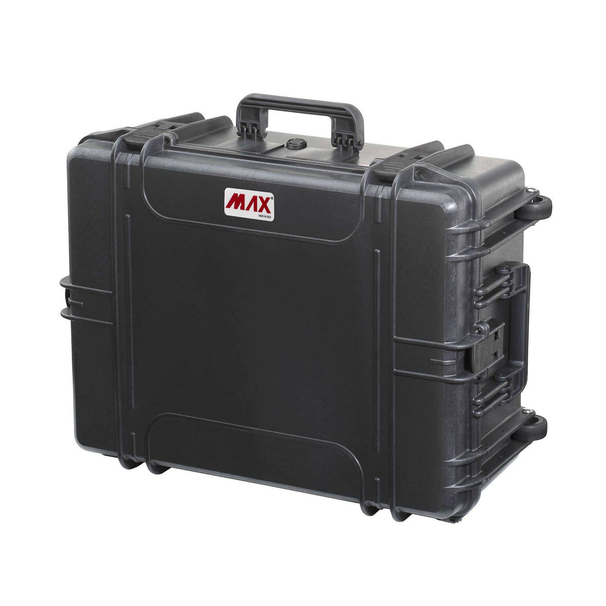 Panaro MAX620H250 black case closed, three-quarter view showing the top carry handle, side handle and a rear wheel