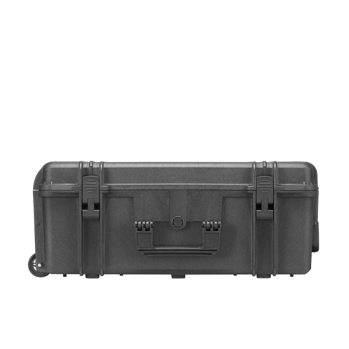 Front of the MAX620H250 lying flat, latches and carry handle with a wheel at the left end