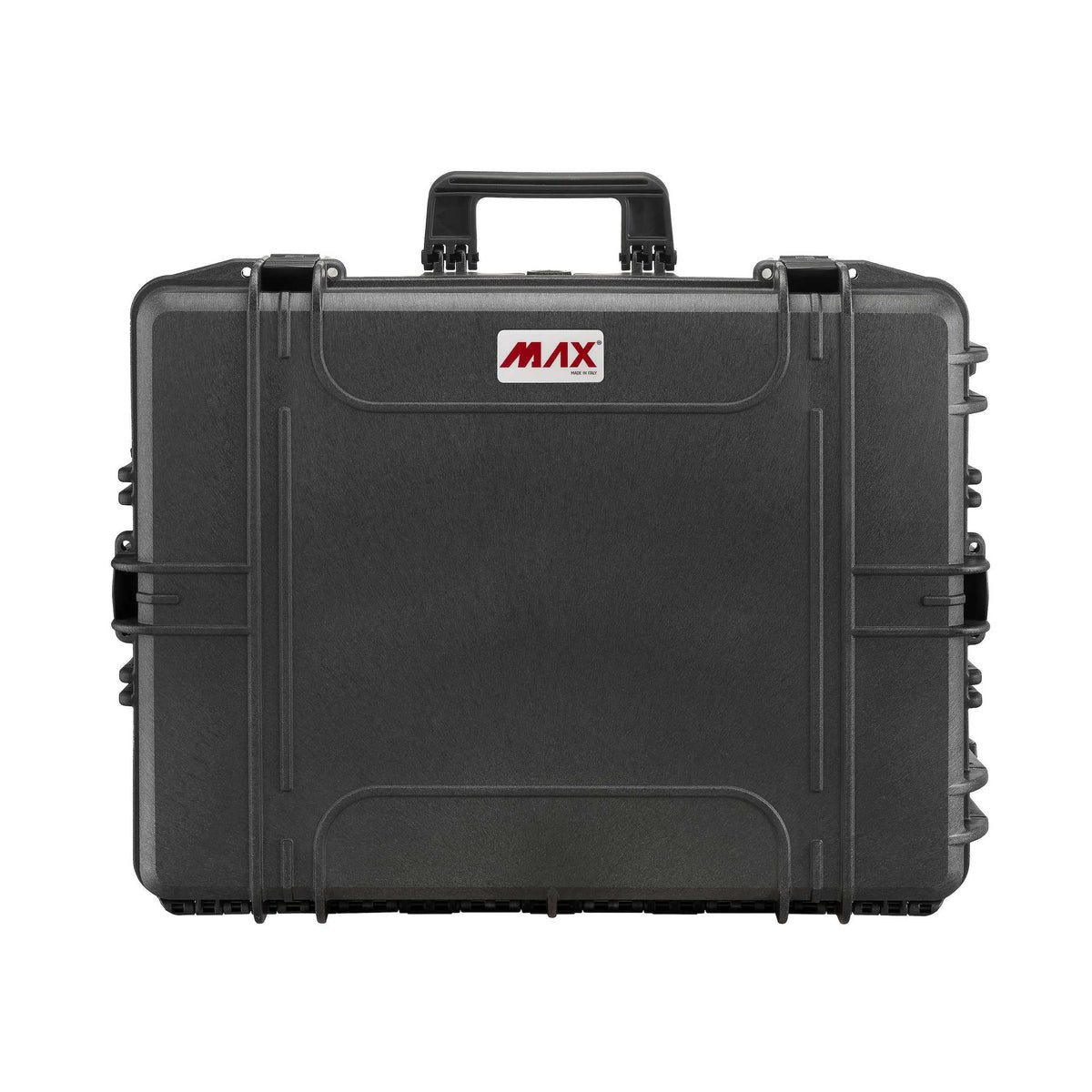 Lid of a closed Panaro MAX620 case seen straight on, red MAX badge in the top corner and the top carry handle