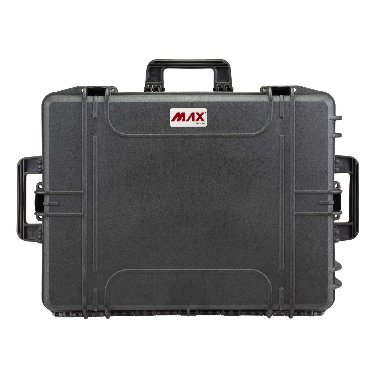 MAX620 lid view with both side handles flipped out, top carry handle and the MAX badge