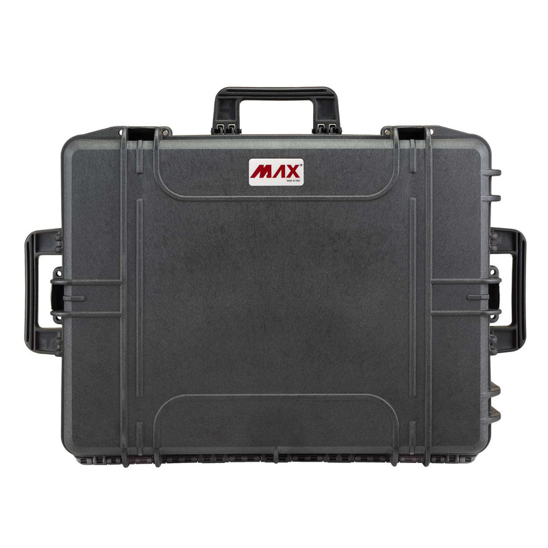 MAX620 lid view with both side handles flipped out, top carry handle and the MAX badge
