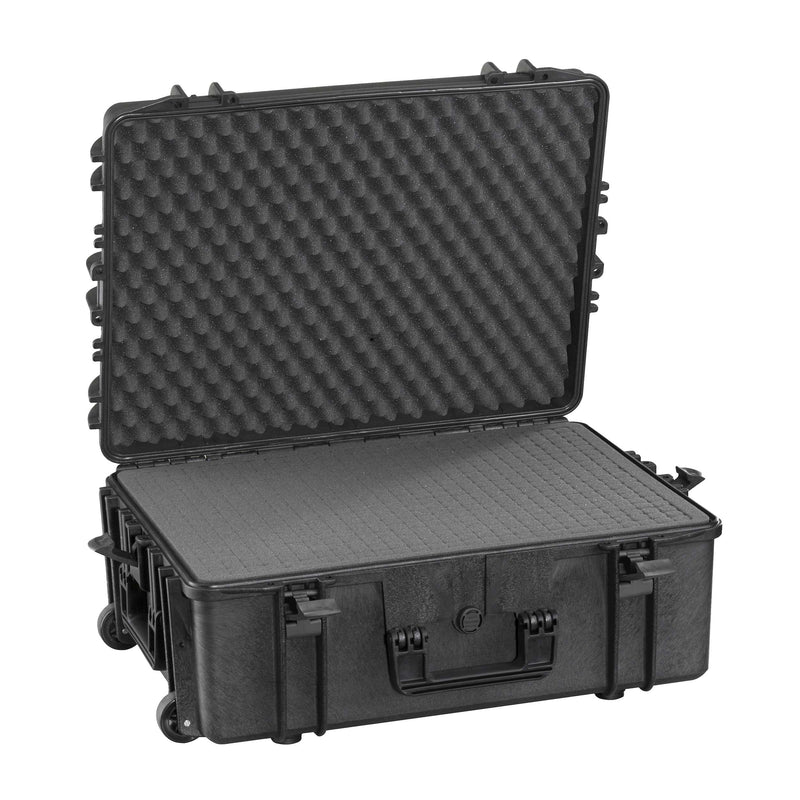 MAX620H250STR open with grey cubed foam in the base and convoluted foam in the lid, wheels at the back