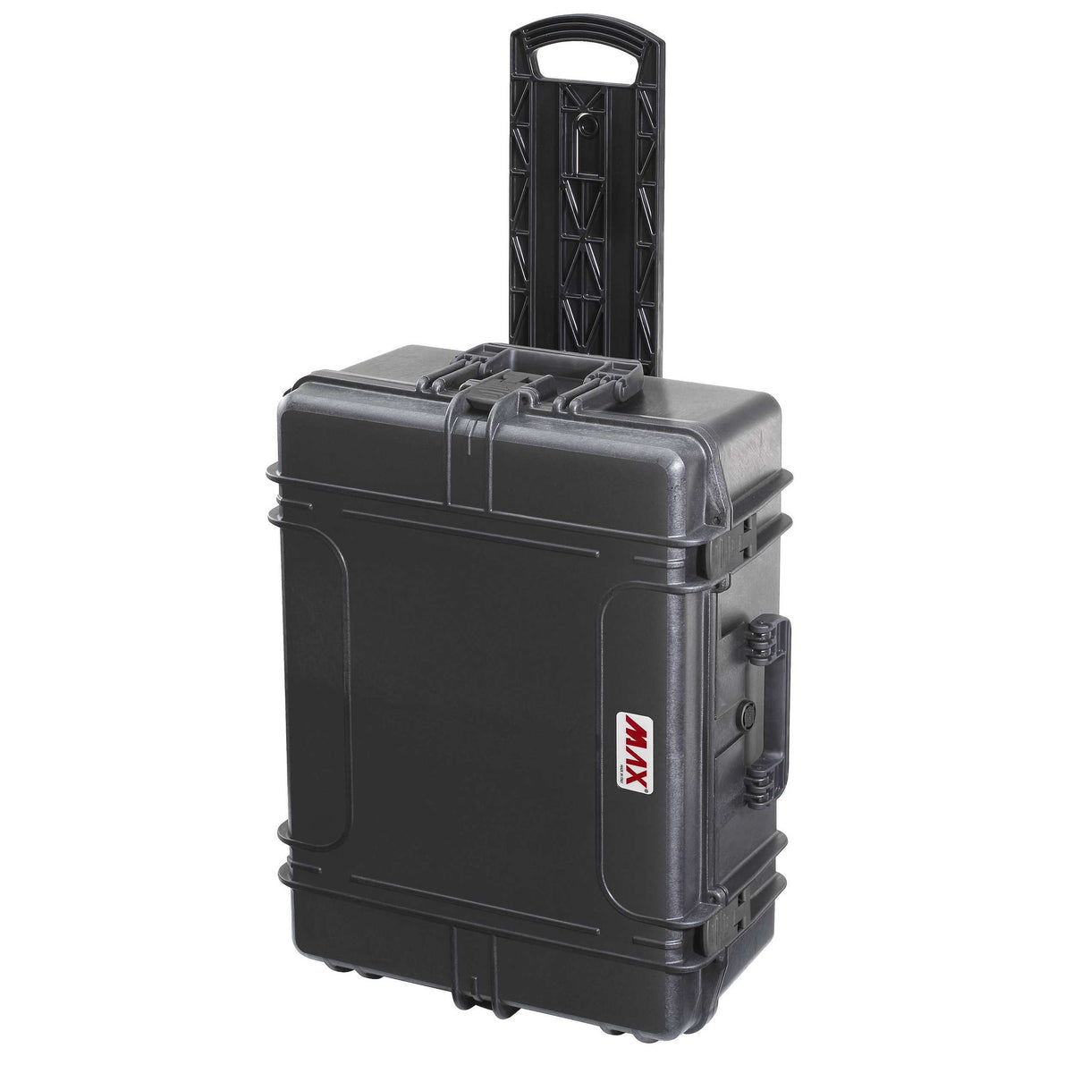 MAX620H250TR upright on its wheels with the telescopic trolley handle extended, MAX logo on the side