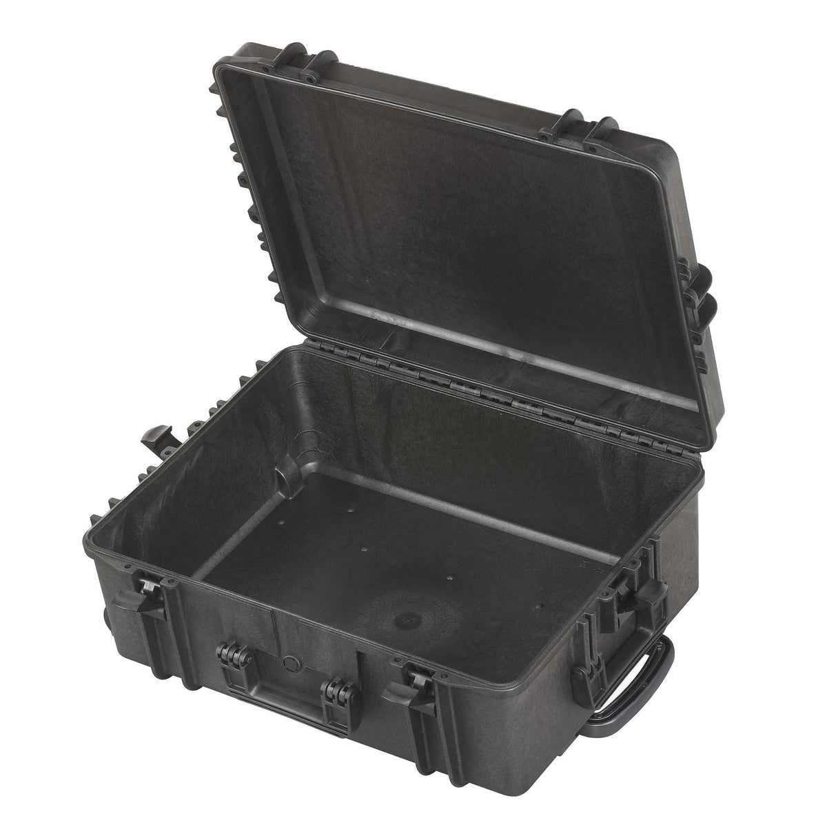 MAX620H250TR open and empty, black moulded interior with a handle and the wheels at the back of the case