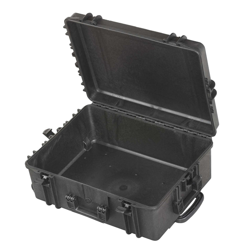 MAX620H250TR open and empty, black moulded interior with a handle and the wheels at the back of the case