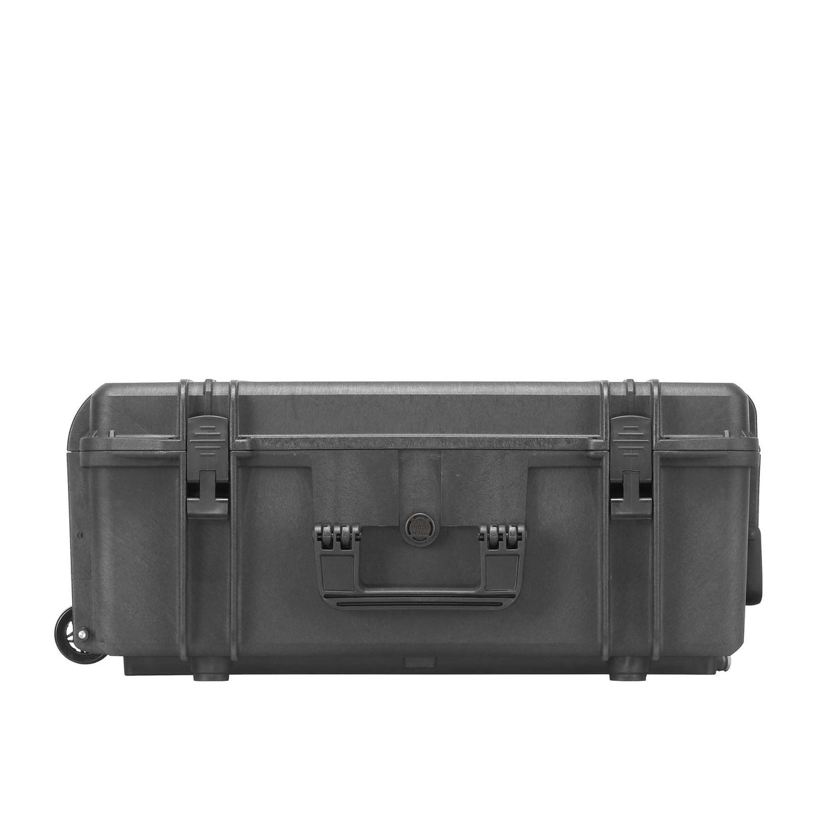 Front of the MAX620H250TR lying flat, latches and carry handle with a wheel at the left end