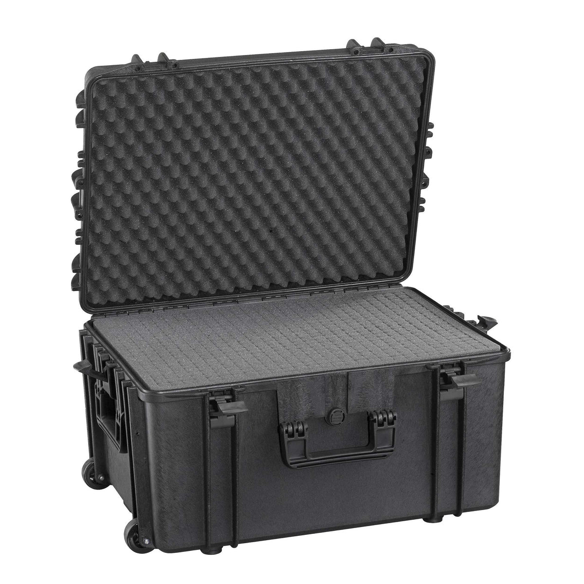 Panaro MAX620H340STR black waterproof case open, cubed pick and pluck foam in the base and convoluted foam in the lid, trolley wheels at the back
