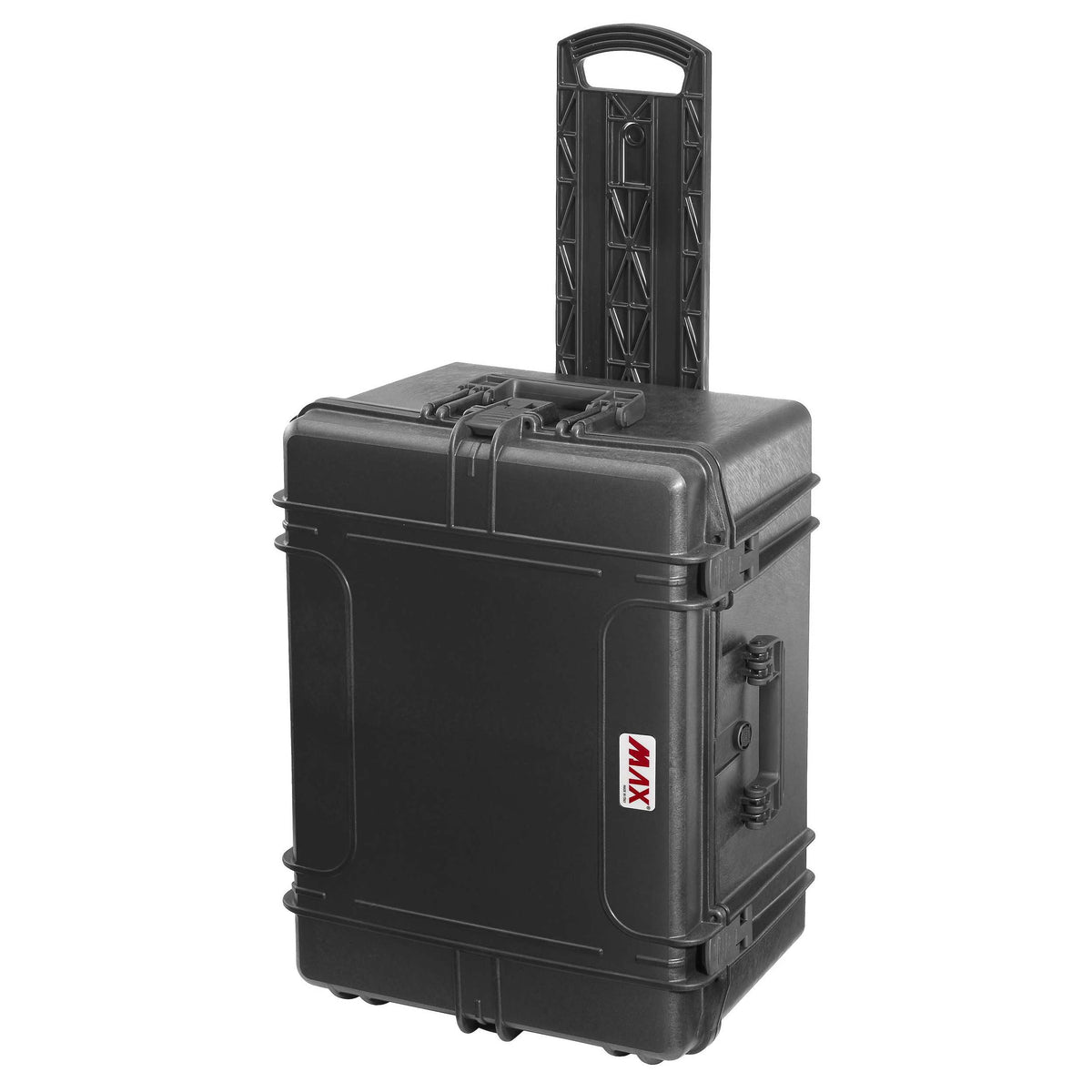 Panaro MAX620H340STR stood upright with the extendable trolley handle raised and the red MAX logo on the side
