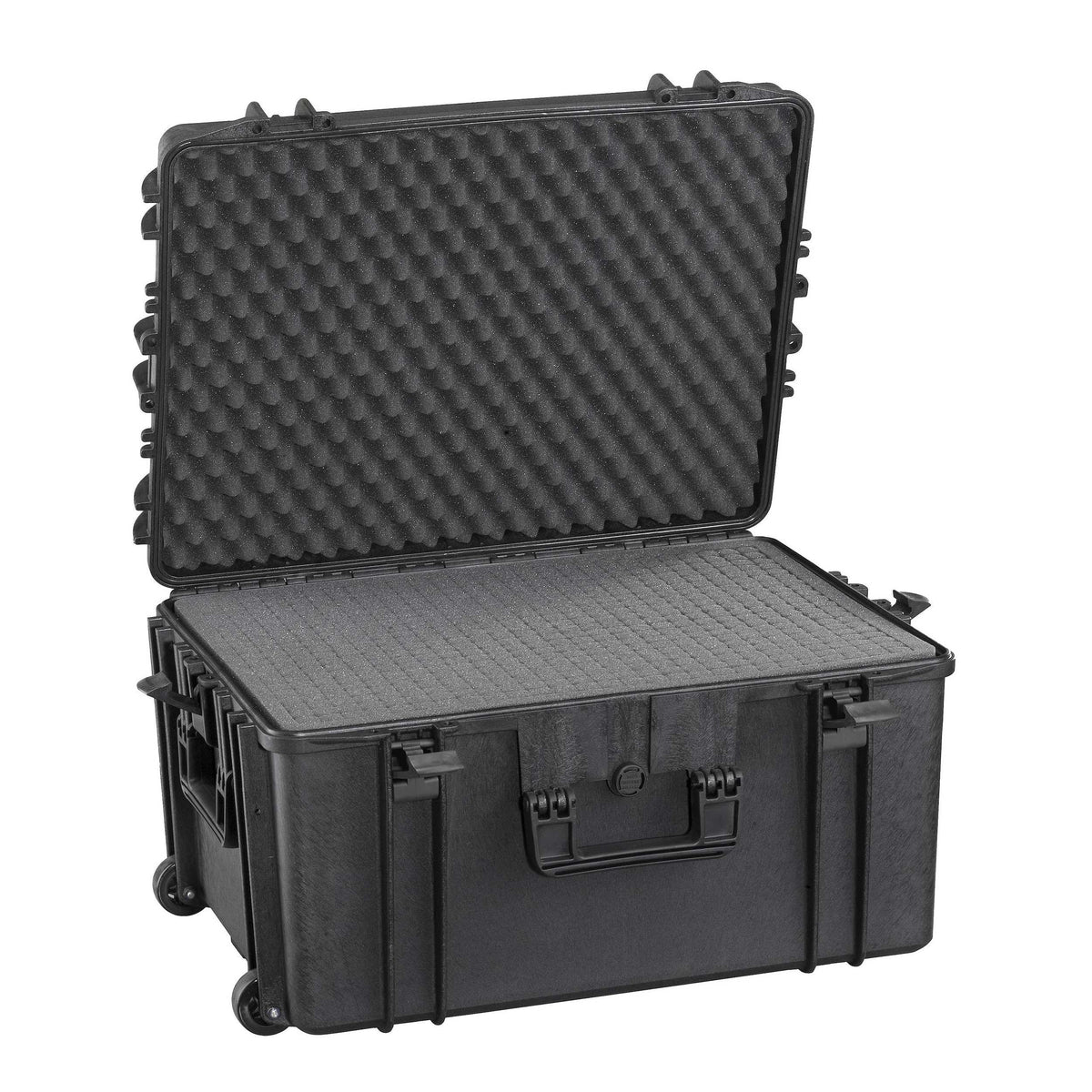 MAX620H340S open, deep base filled with grey cubed foam and convoluted foam in the lid, wheel at the back corner