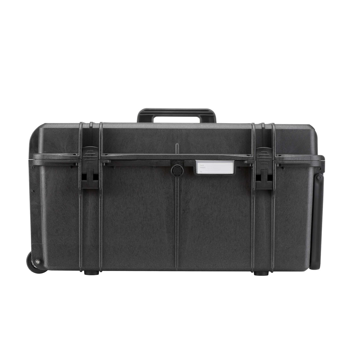 Front view of the Panaro MAX630 case with the carry handle, label window and wheel at the lower corner
