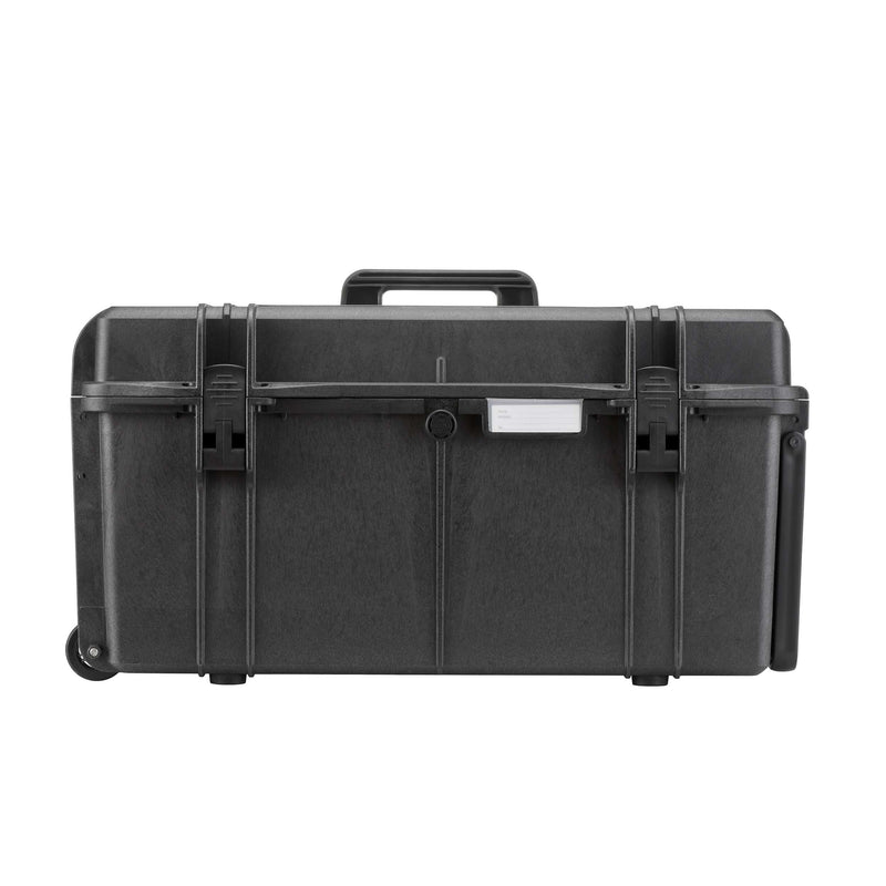 Front view of the Panaro MAX630 case with the carry handle, label window and wheel at the lower corner