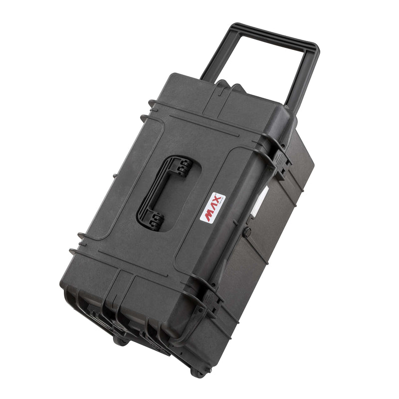 Panaro MAX630 tilted onto its wheels with the large fold down handle raised for rolling