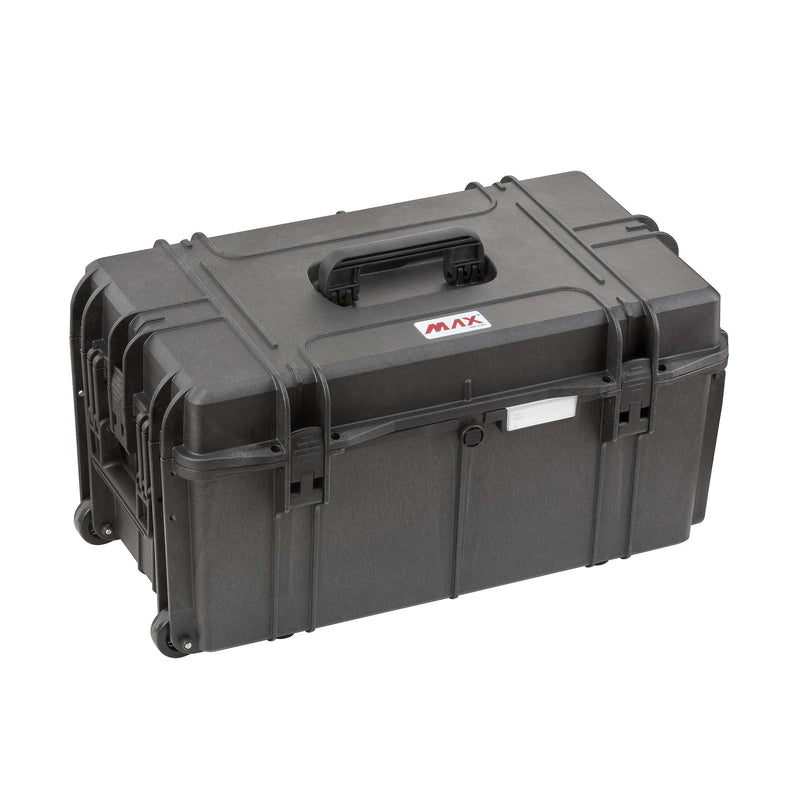 Panaro MAX630 case from the rear corner showing wheels, latches and the side handle