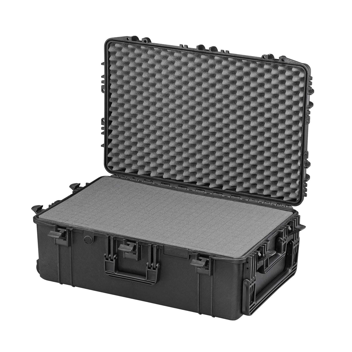 Panaro MAX750H280S black waterproof case open with grey cubed foam in the base and convoluted foam in the lid