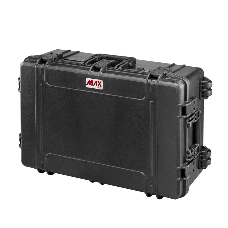 Panaro MAX750H280 black waterproof case closed, front view with carry handle, side latches and red MAX logo