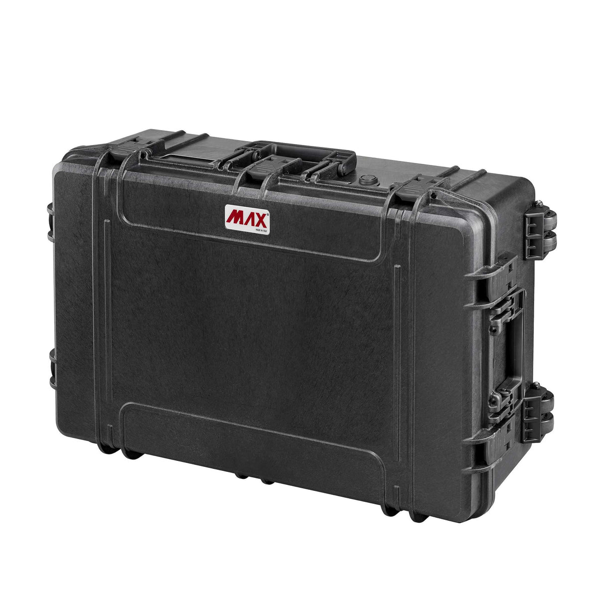 Panaro MAX750H280 black waterproof case closed, front view with carry handle, side latches and red MAX logo
