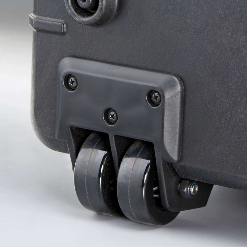 Close-up of the twin wheels fitted to the corner of a Panaro MAX750 case