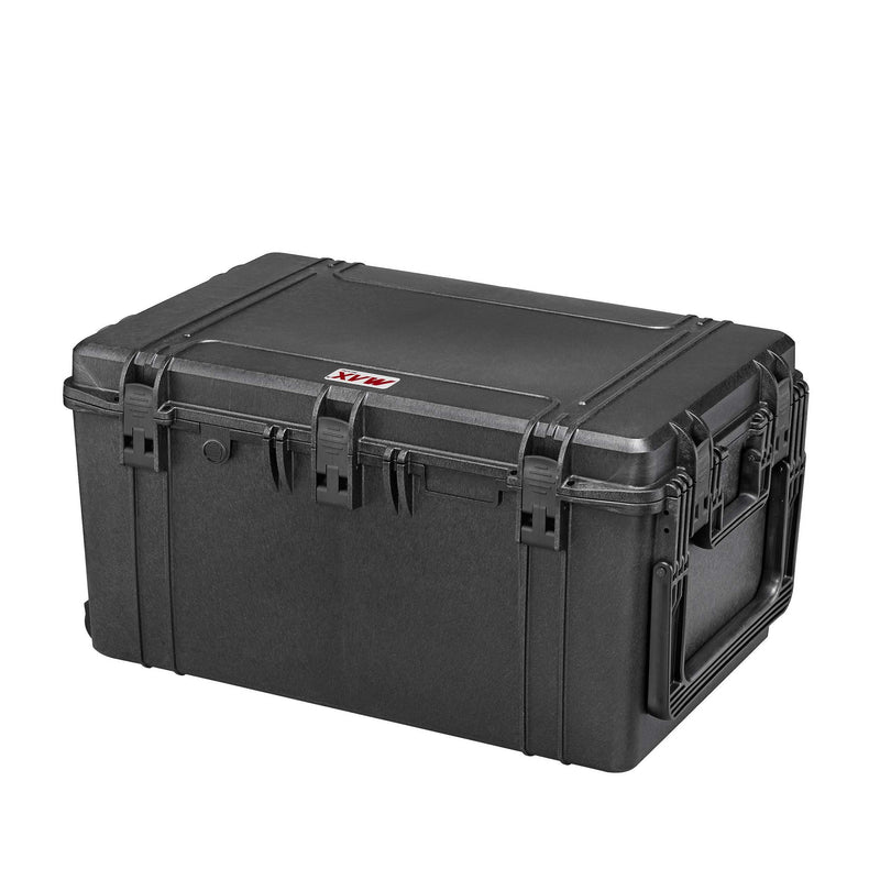 Panaro MAX750H400 black waterproof case closed at an angle, showing latches, side handle and MAX logo