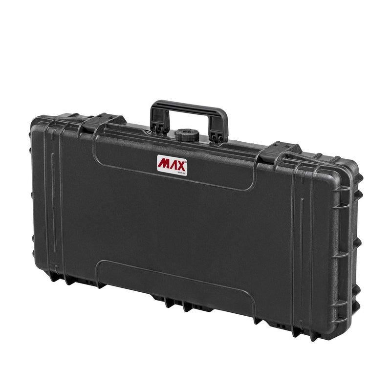 Panaro MAX800 long black waterproof case closed at an angle with carry handle, latches and MAX logo