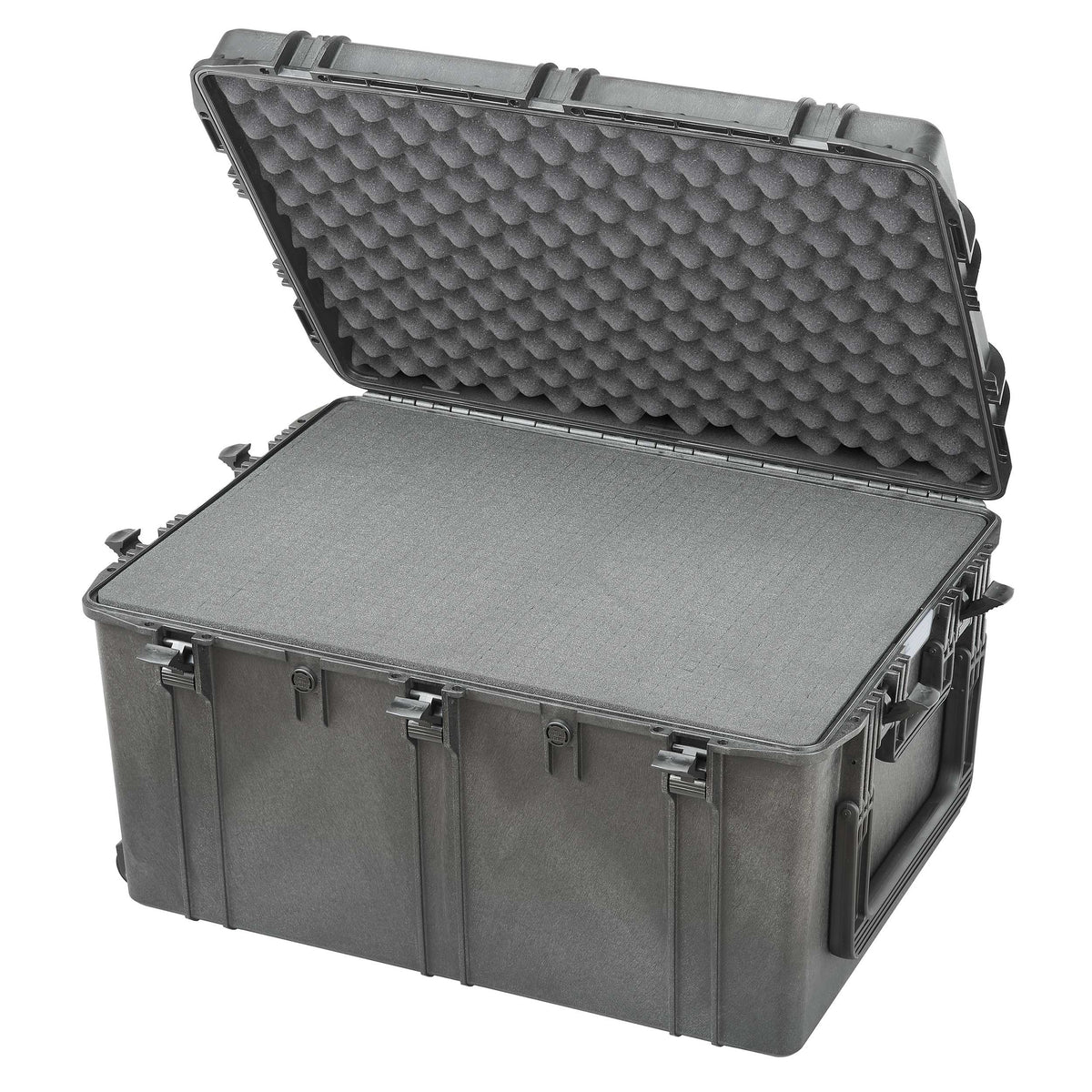 Panaro MAX820S large black waterproof case open with grey cubed foam in the base and convoluted foam in the lid