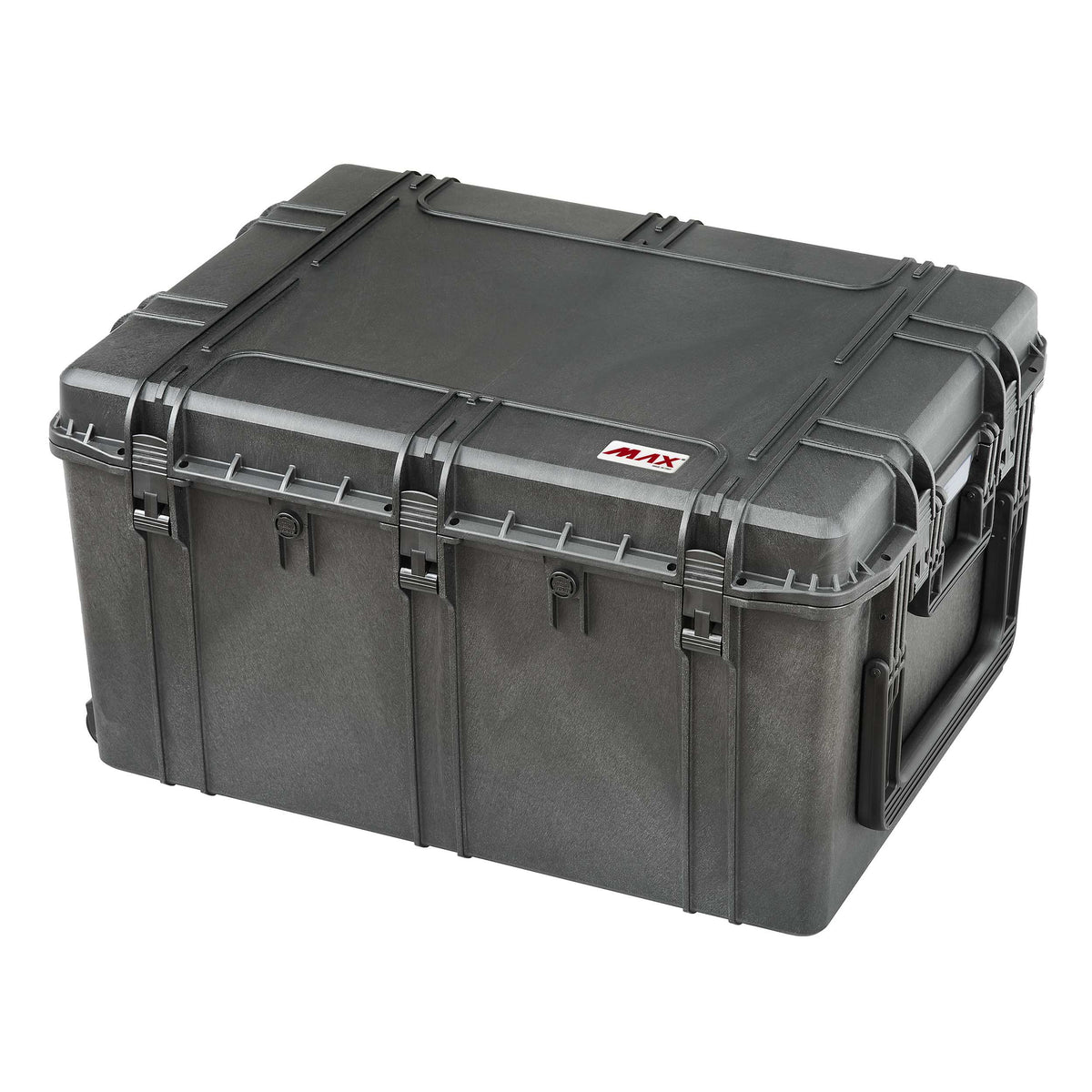 Panaro MAX820 large black waterproof case closed at an angle showing latches, side handle and MAX logo