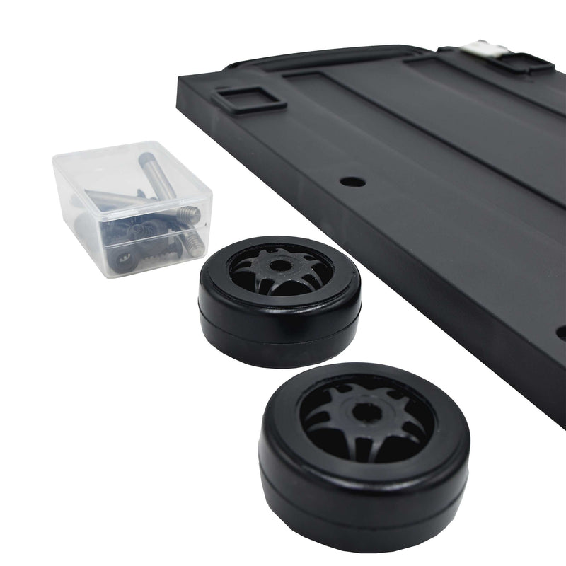 Two black wheels and the box of screws from the Panaro MAX520 trolley kit beside the panel corner