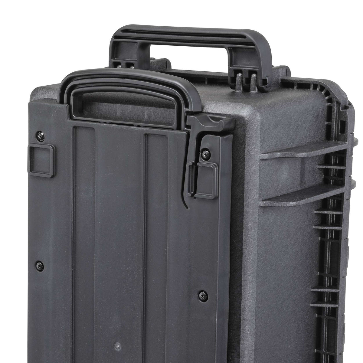 Trolley panel fitted to the back of a MAX520 case, handle at the top, case shown for reference