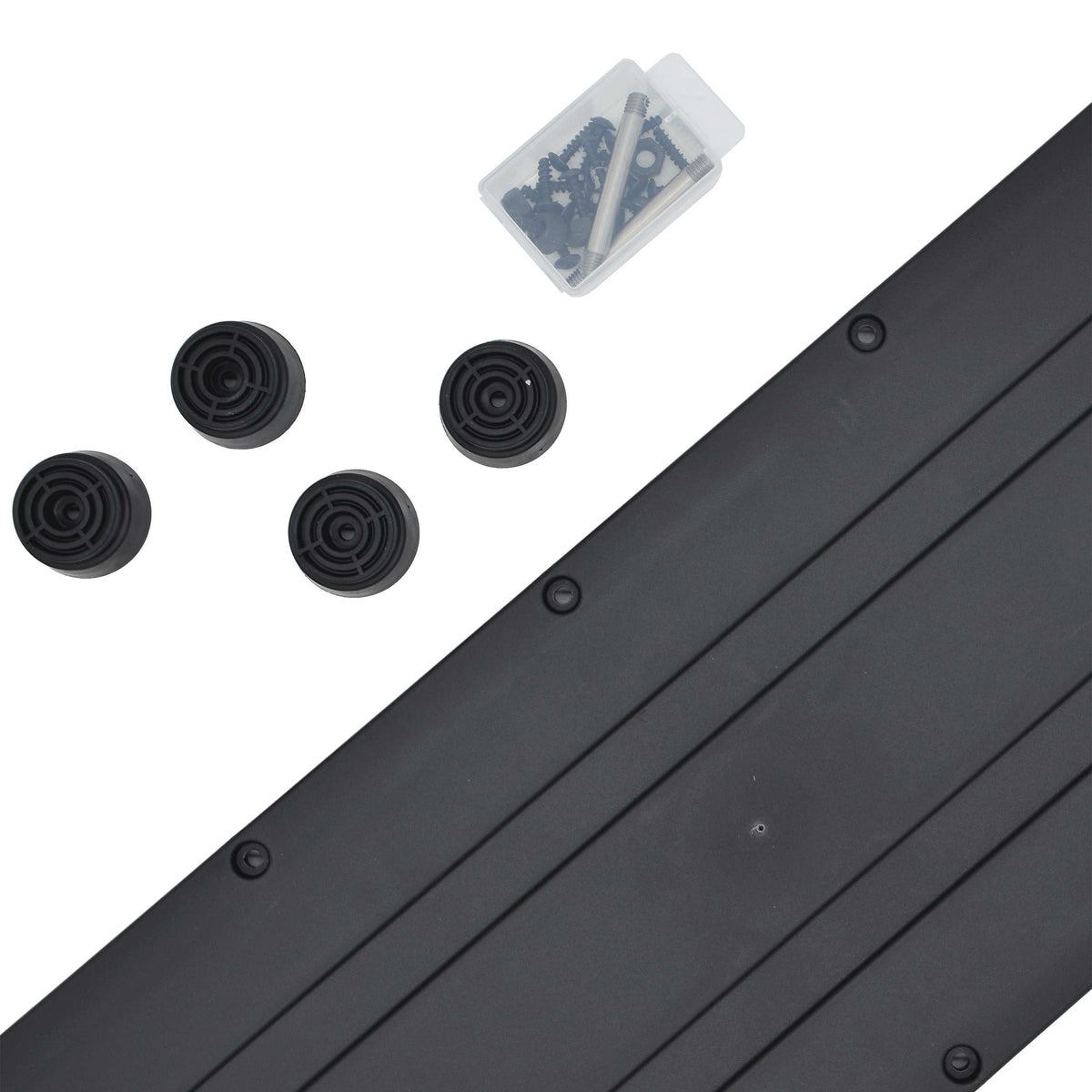 Close view of round feet and fixings beside the ribbed face of the Panaro MAX620 trolley panel