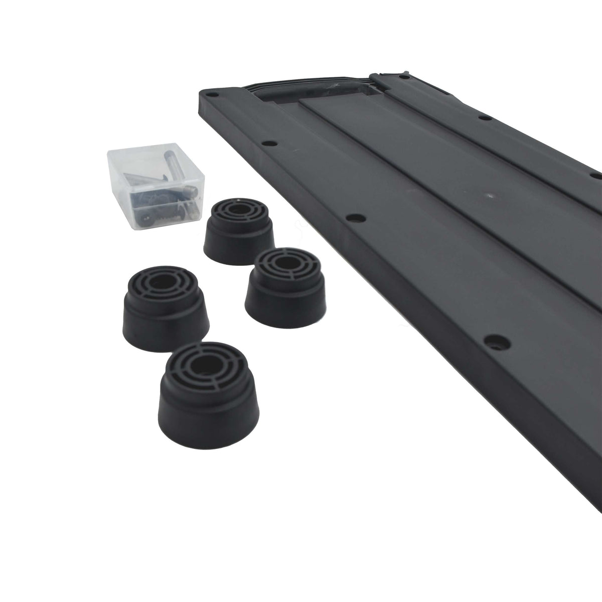 Panaro MAX620 trolley kit parts on white: panel corner, wheels, feet and screw box