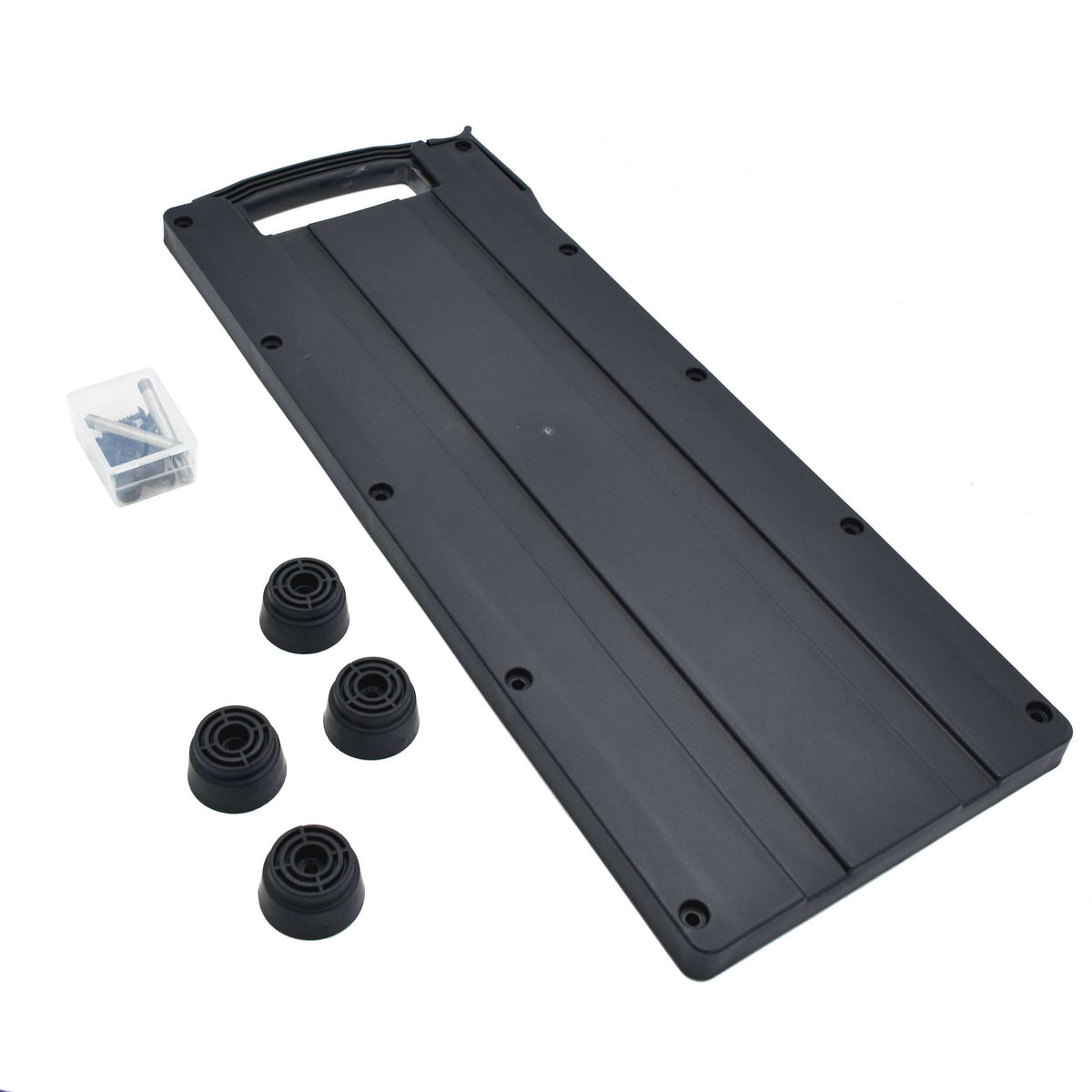 Feet, wheels and fixings from the Panaro MAX620 trolley kit next to the panel
