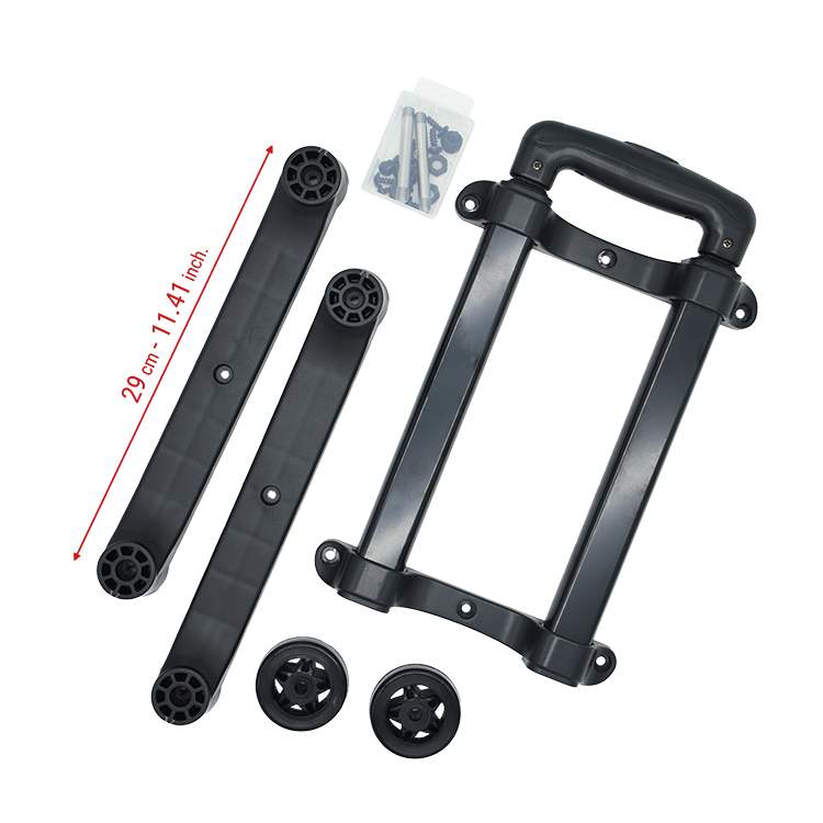 Panaro trolley kit for MAX465H220 laid out: telescopic handle frame, two side rails, two wheels and a clear box of screws
